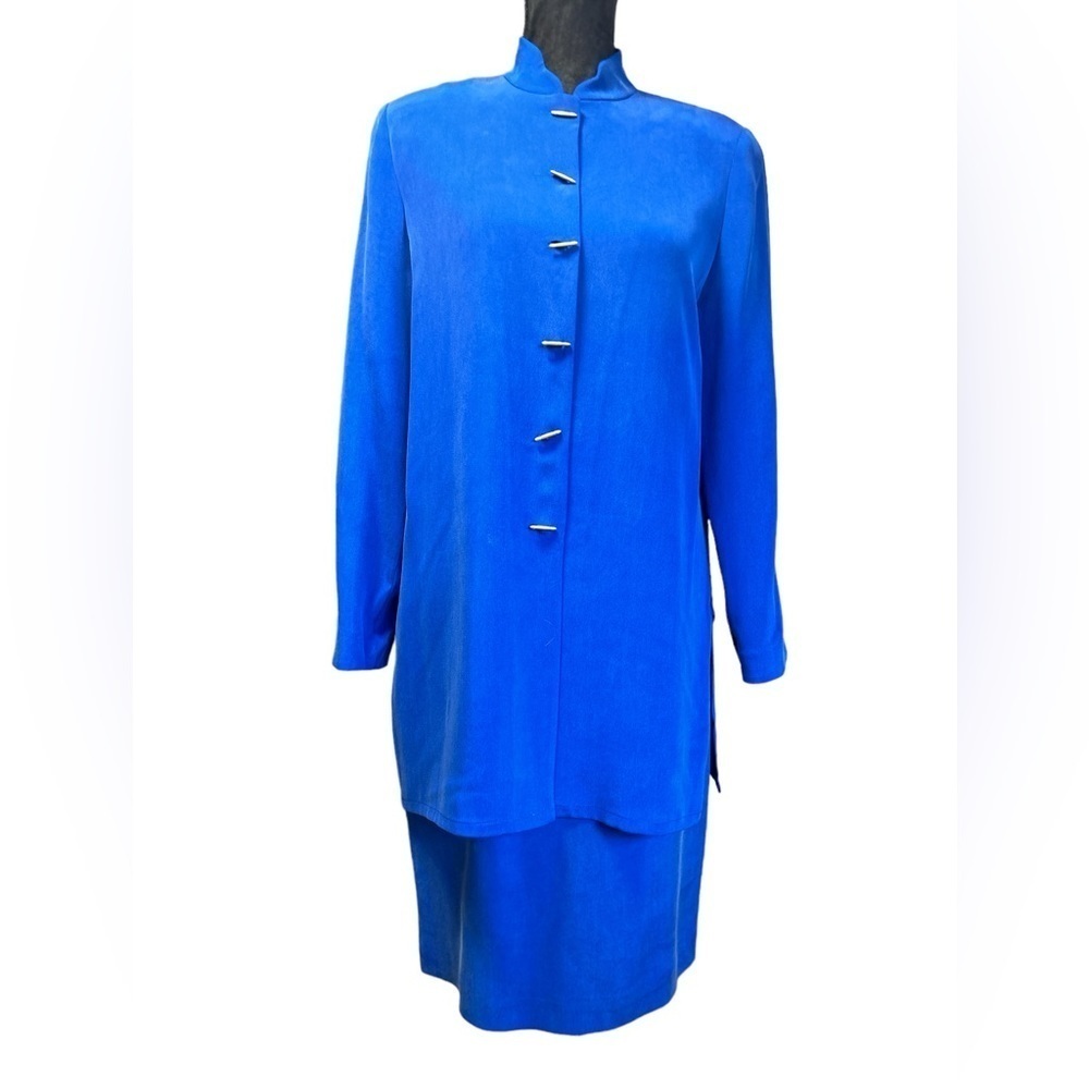 Maggy London Kenneth Nolan Blue 100% Silk Skirt Suit Set Mandarin Collar 4